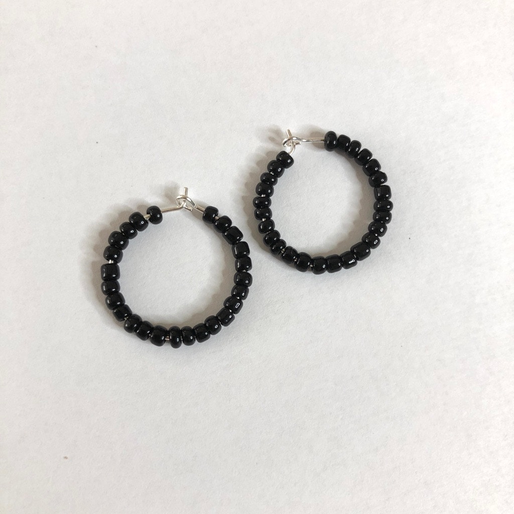 Black Beaded Handmade Silver Hoop Earrings 20mm